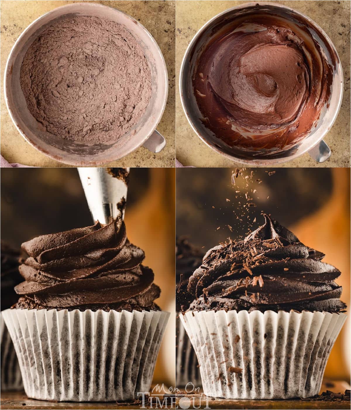 four image collage showing how to make chocolate buttercream and how to frost the cupcakes.