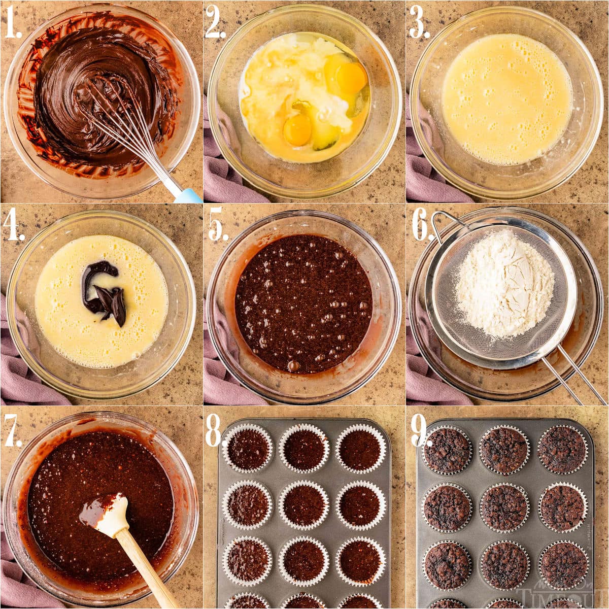 nine image collage showing how to make chocolate cupcakes step by step.