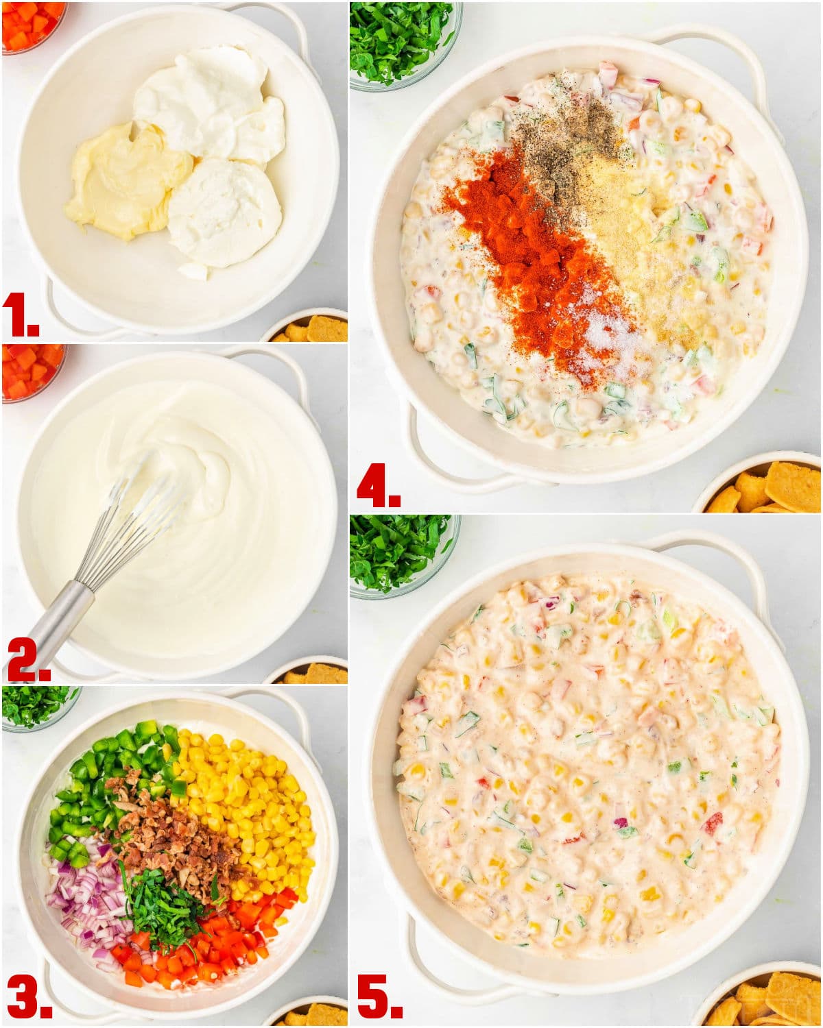 five image collage showing how to make corn dip step by step.