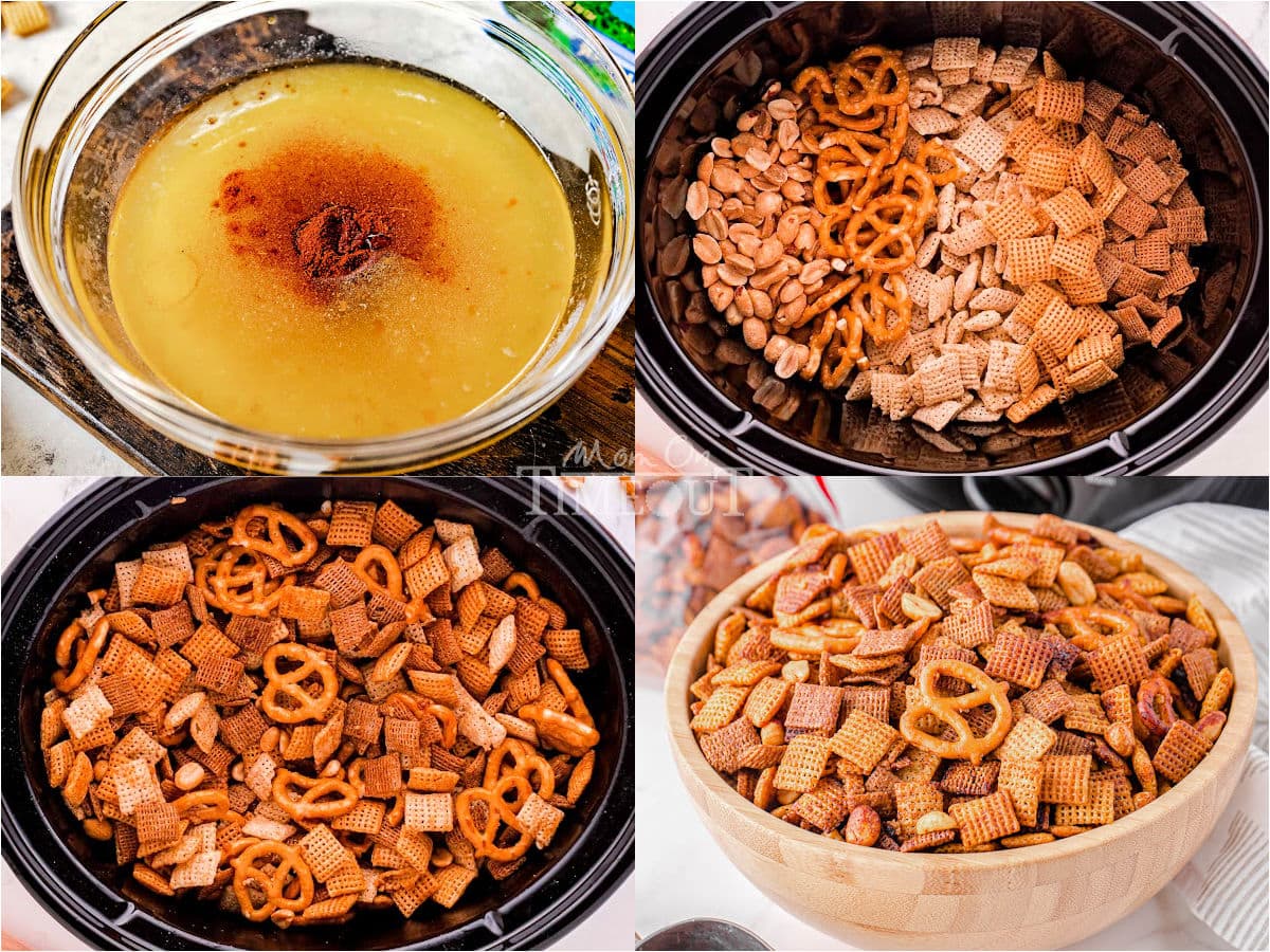 four image collage showing how to make crockpot chex mix.