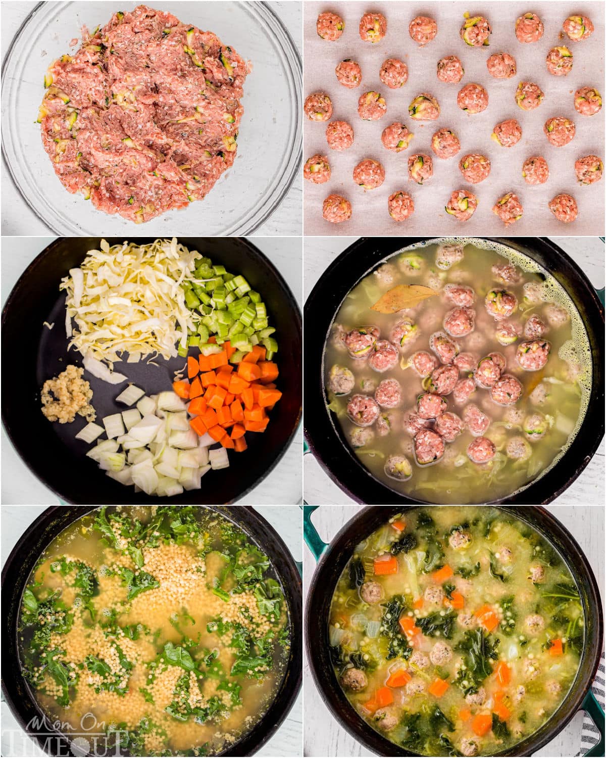 six image collage showing step by step how to make Italian Wedding Soup recipe.