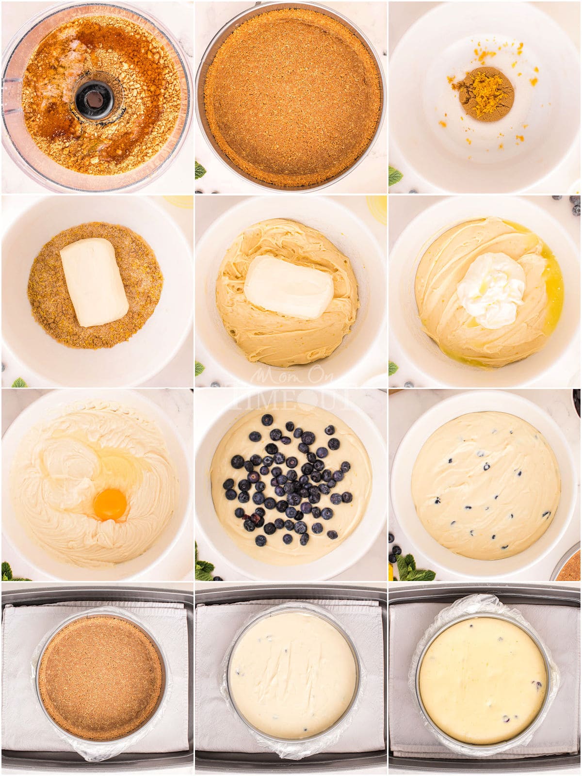12 image collage showing step by step how to make the lemon blueberry cheesecake including the water bath.