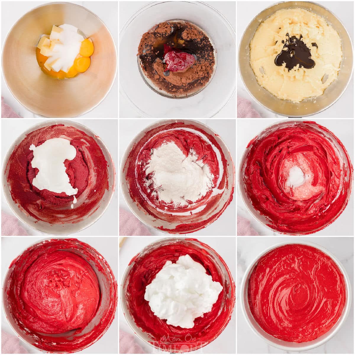 nine image collage showing how to make a homemade red velvet cake recipe.