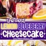 three image collage showing whole lemon blueberry cheesecake and a slice of the cheesecake on a plate and the whole cheesecake with a slice removed. center color block with text overlay.