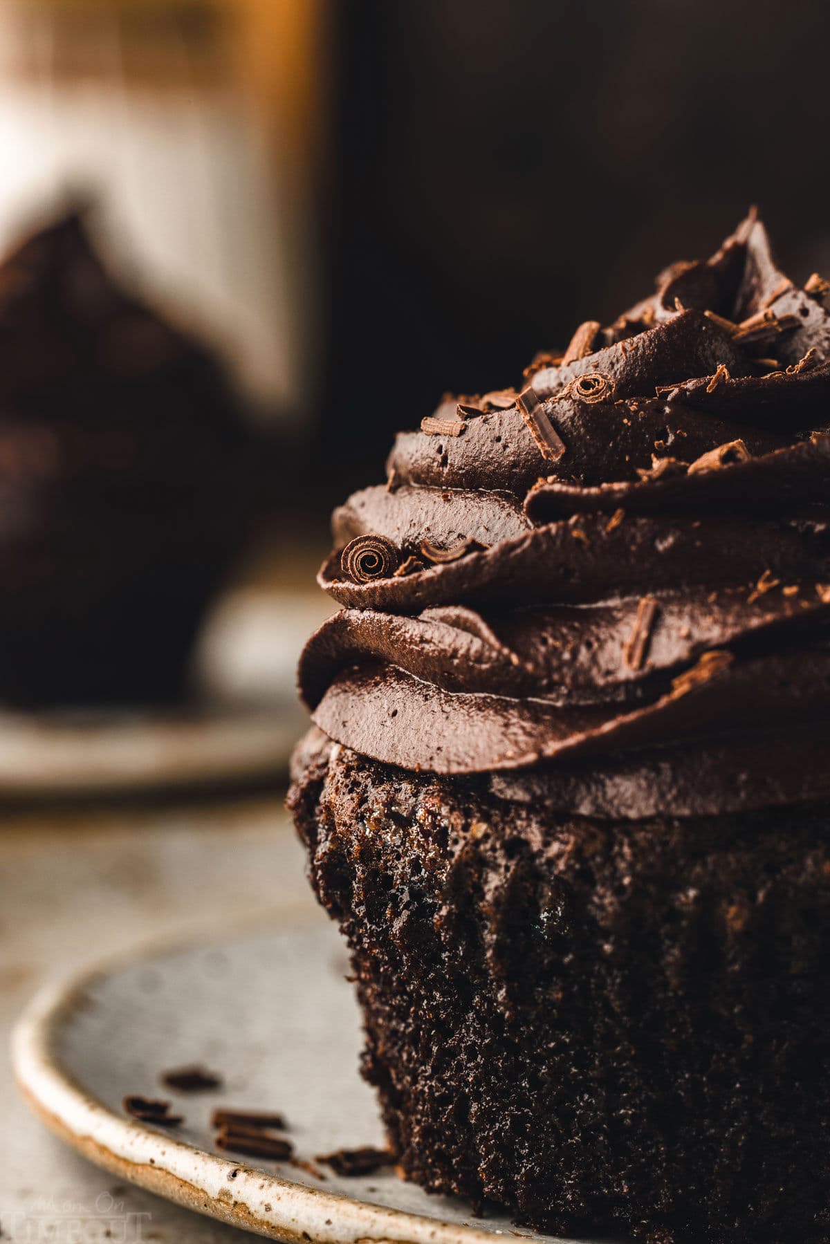 close up look at chocolate buttercream and chocolate curls on a rich chocolate cupcake. only about half of the cupcake is shown in the image.