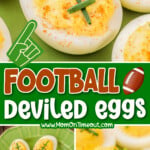 three image collage showing deviled eggs that look like footballs. the deviled eggs are on a green plate. center color block with text overlay.