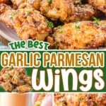 three image collage of garlic parmesan wings baked or cooked in the air fryer. The wings are on a plate and one image shows a drumette being dipped into ranch. center color block with text overlay.