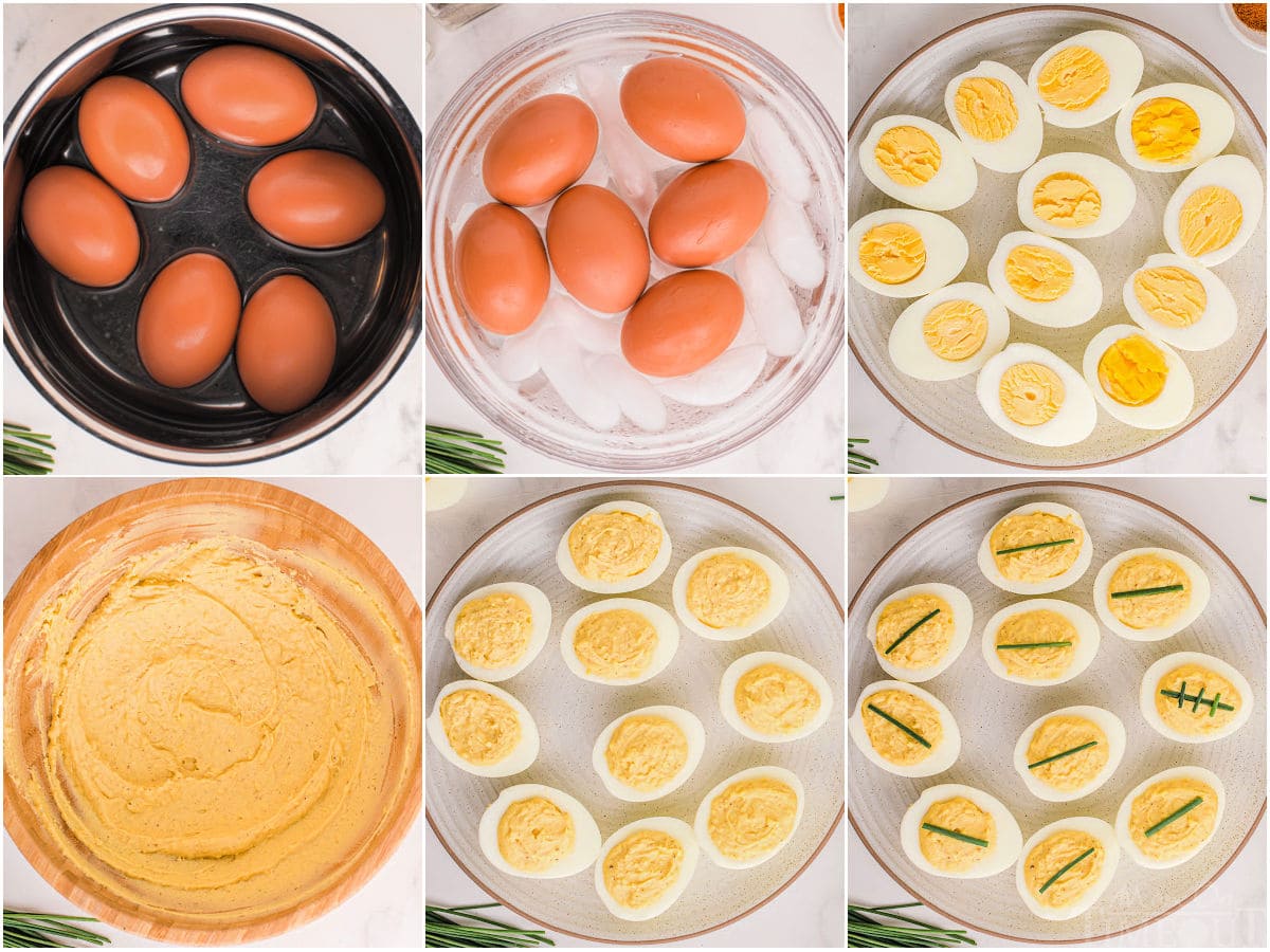 six image collage showing how to make football deviled eggs step by step.