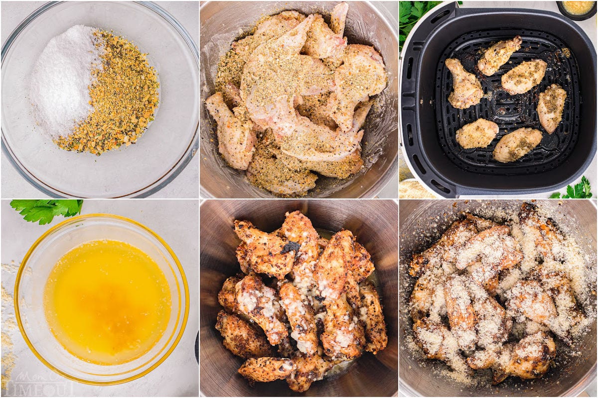 six image collage showing how to make garlic parmesan wings step by step.