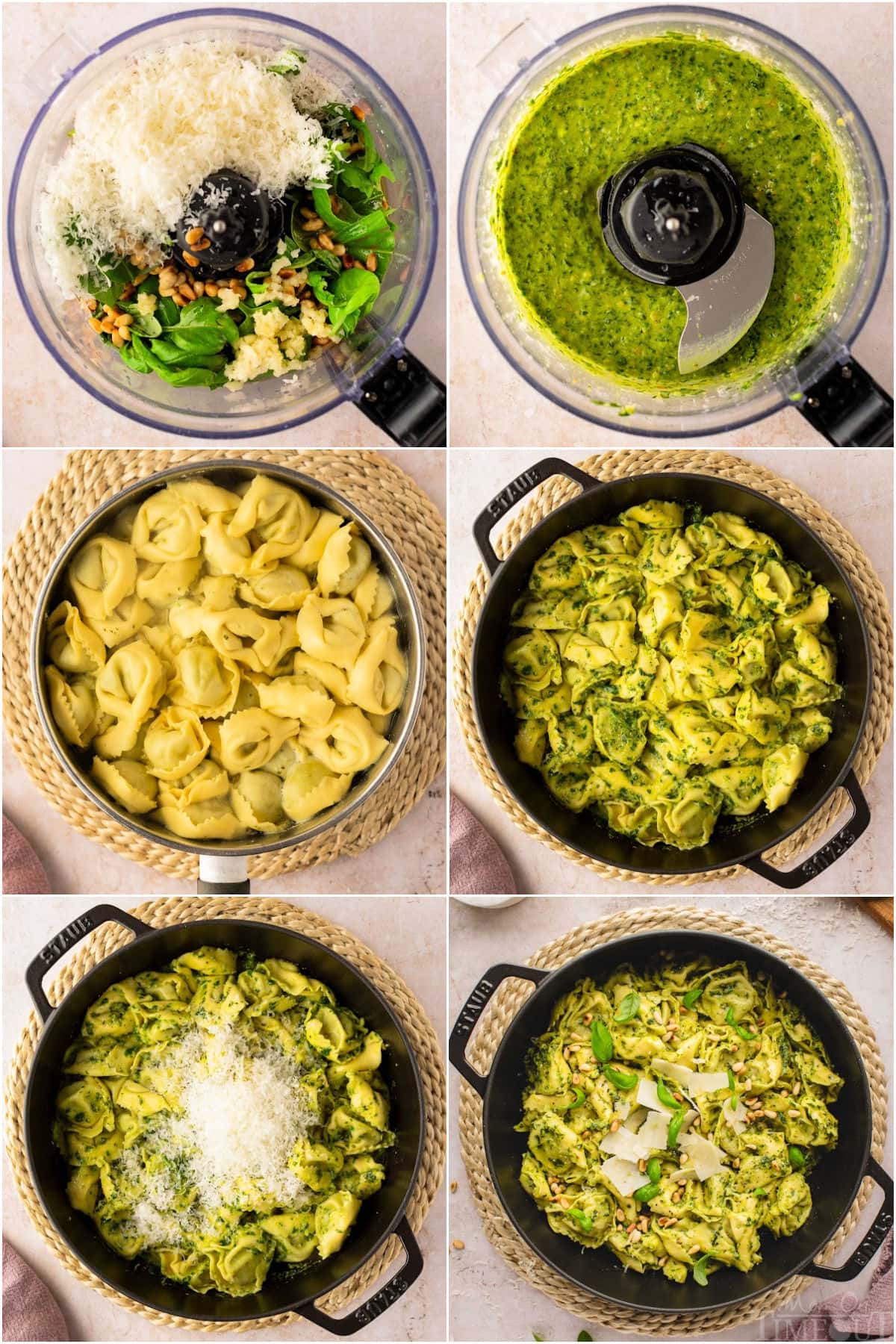 six image collage showing how to make fresh basil pesto and prepare the pesto tortellini.