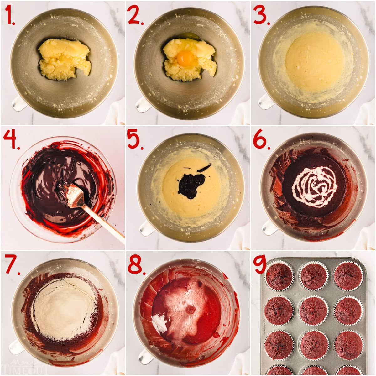 nine image collage showing how to make red velvet cupcakes step by step.