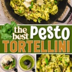 collage showing a top down view of pesto tortellini in a cast iron skillet and also a collage showing how to make the homemade basil pesto. center color block with text overlay.