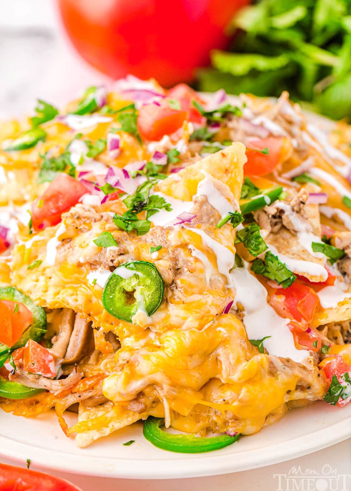round white plate loaded high with pulled pork nachos topped with sour cream, jalapenos, tomatoes and red onions. a whole tomato and cilantro can be seen in the background.