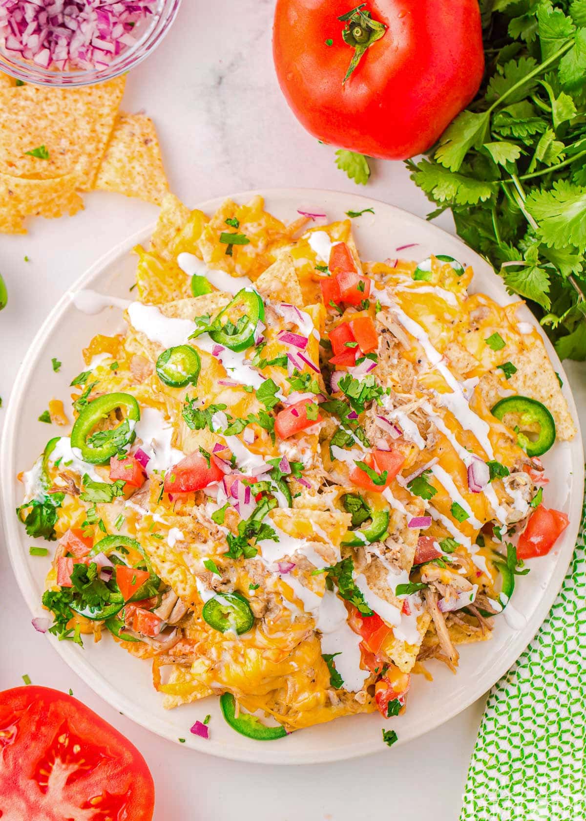 top down view of round white plate topped with pulled pork nachos recipe and toppings.