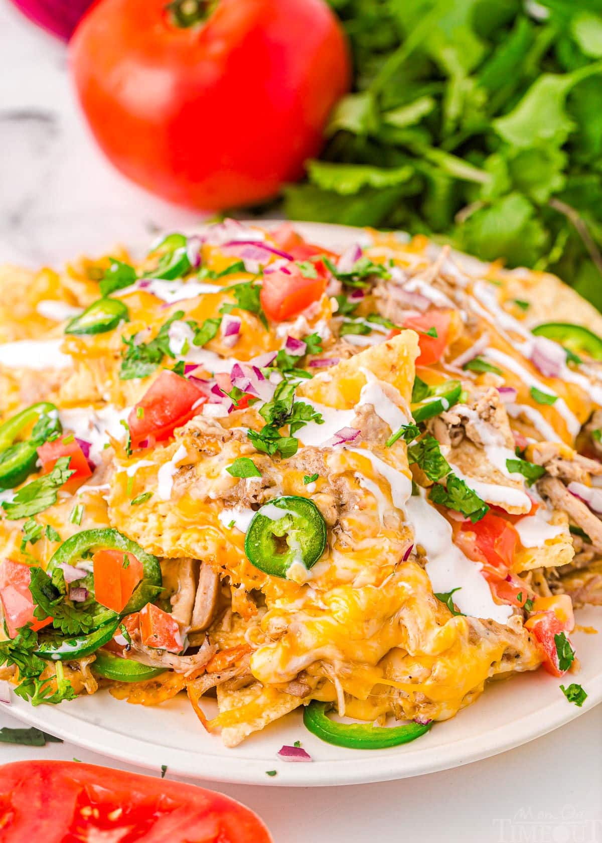 round white plate loaded high with pulled pork nachos topped with sour cream, jalapenos, tomatoes and red onions.  a whole tomato and cilantro can be seen in the background.