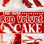 three image collage of red velvet cake. slice on plate, bite on fork and piece being removed from the whole cake. center color block with text overlay.