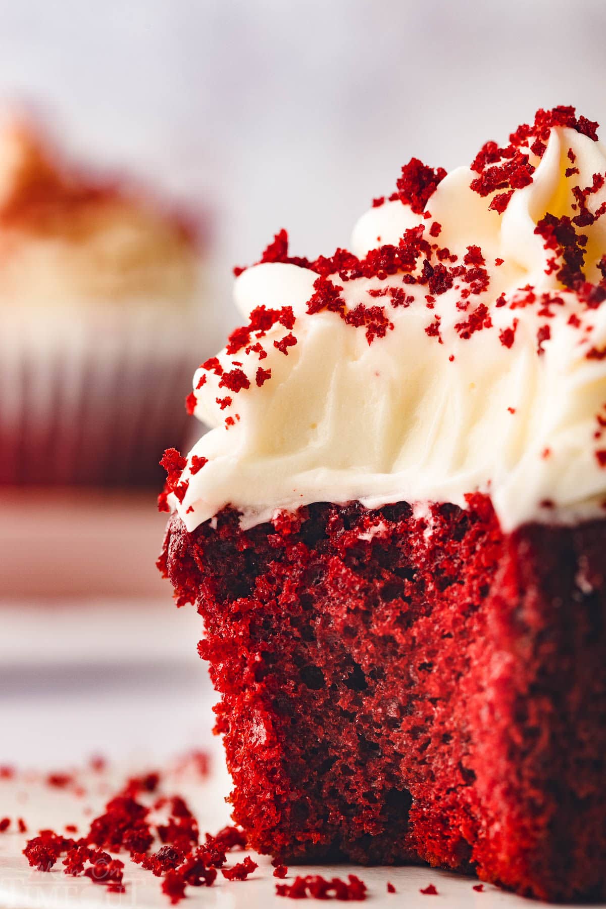single red velvet cupcake frosted with cream cheese frosting. a bite has been taken from the cupcake which is wonderfully vibrant red.