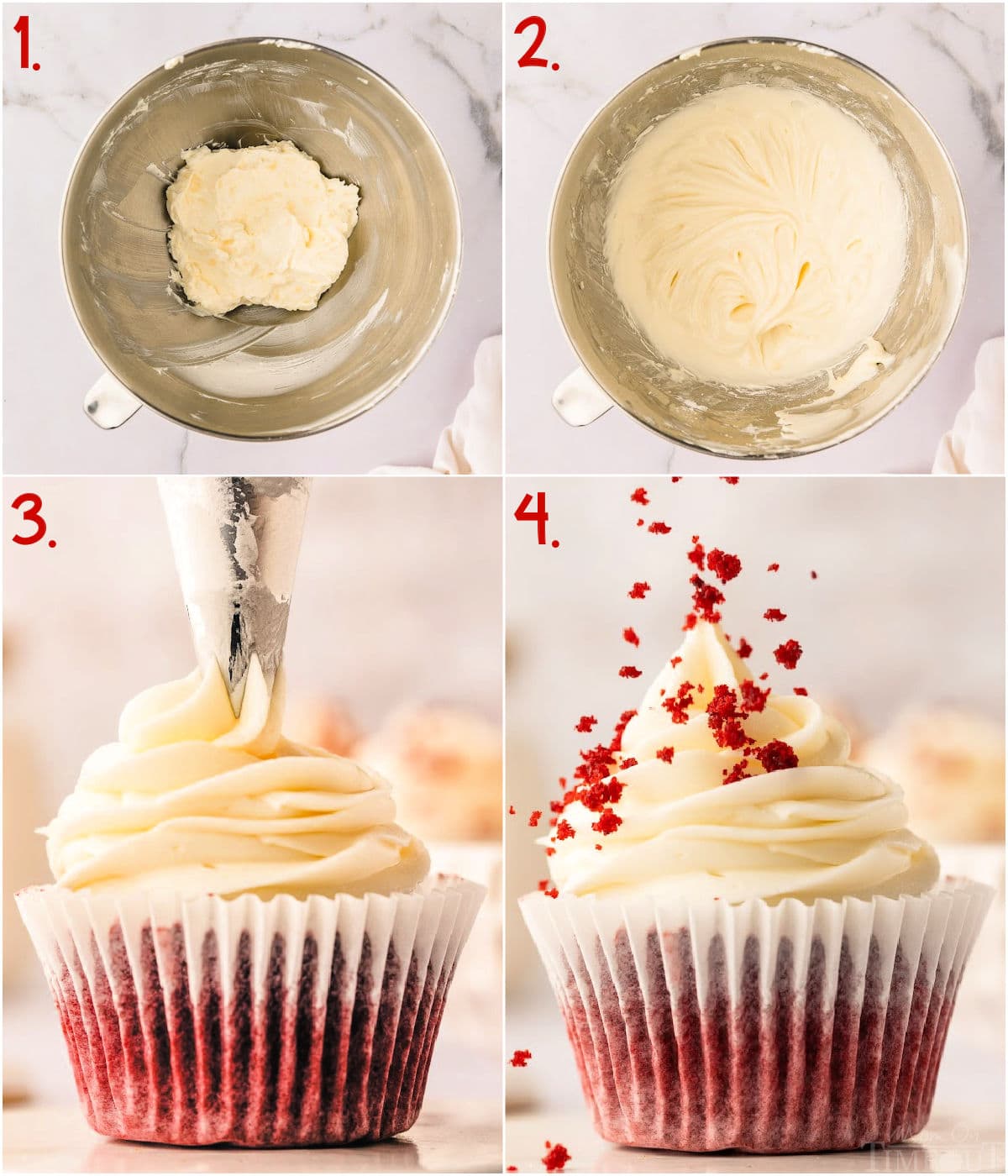 four image collage showing how to make cream cheese frosting and frost red velvet cupcakes with it.