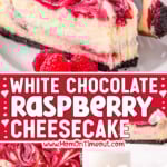 three image collage showing white chocolate raspberry cheesecake. slice on white plate and a profile shot of the cheesecake with a slice removed. center color block with text overlay.
