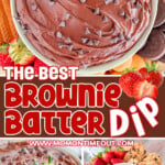 three image collage showing edible brownie batter dip in a large bowl topped with mini chocolate chips. Assorted dippers surround the bowl including strawberries, cookies, pretzels and wafers. Center color block with text overlay.