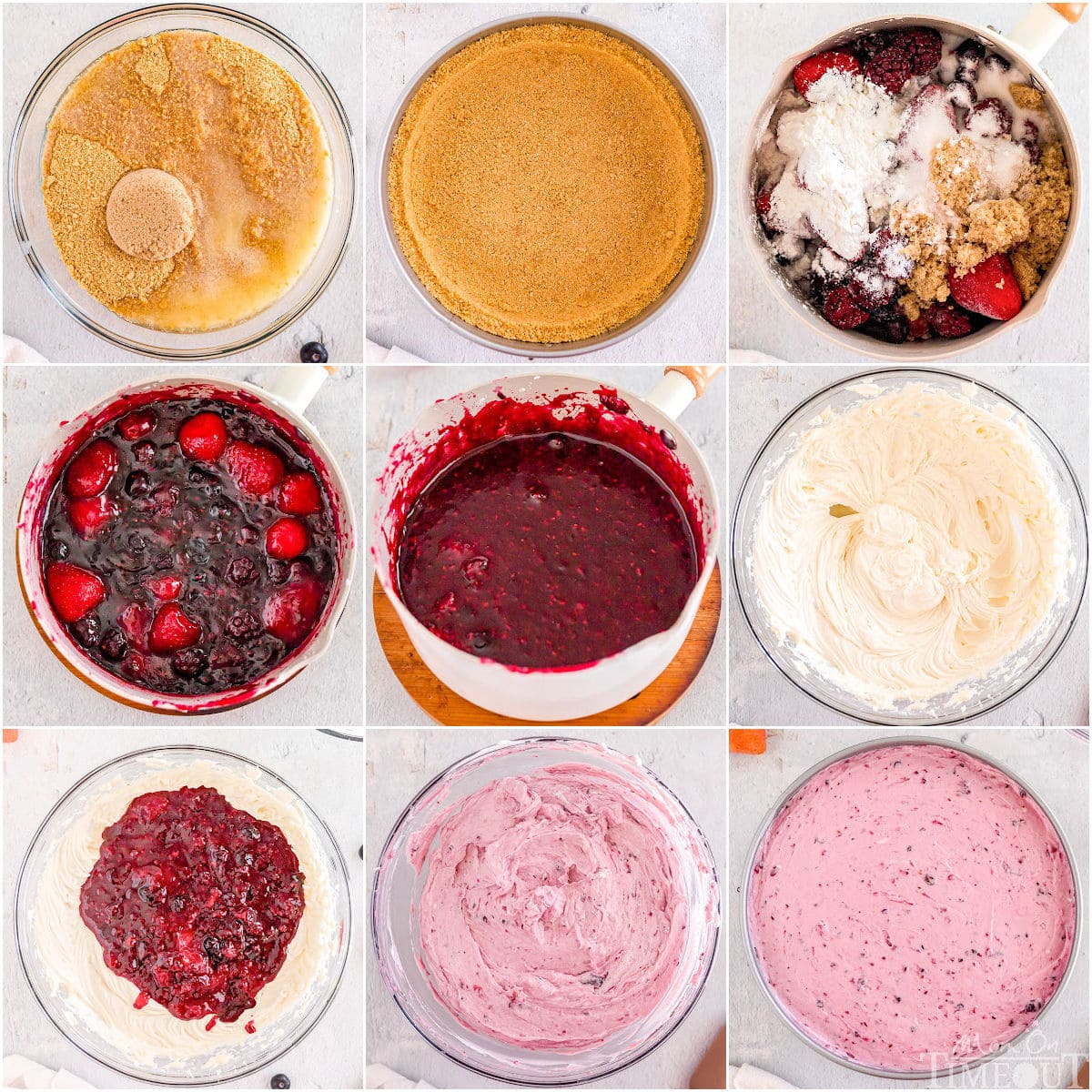 nine image collage showing how to make the crust, berry compote and filling for the berry cheesecake.