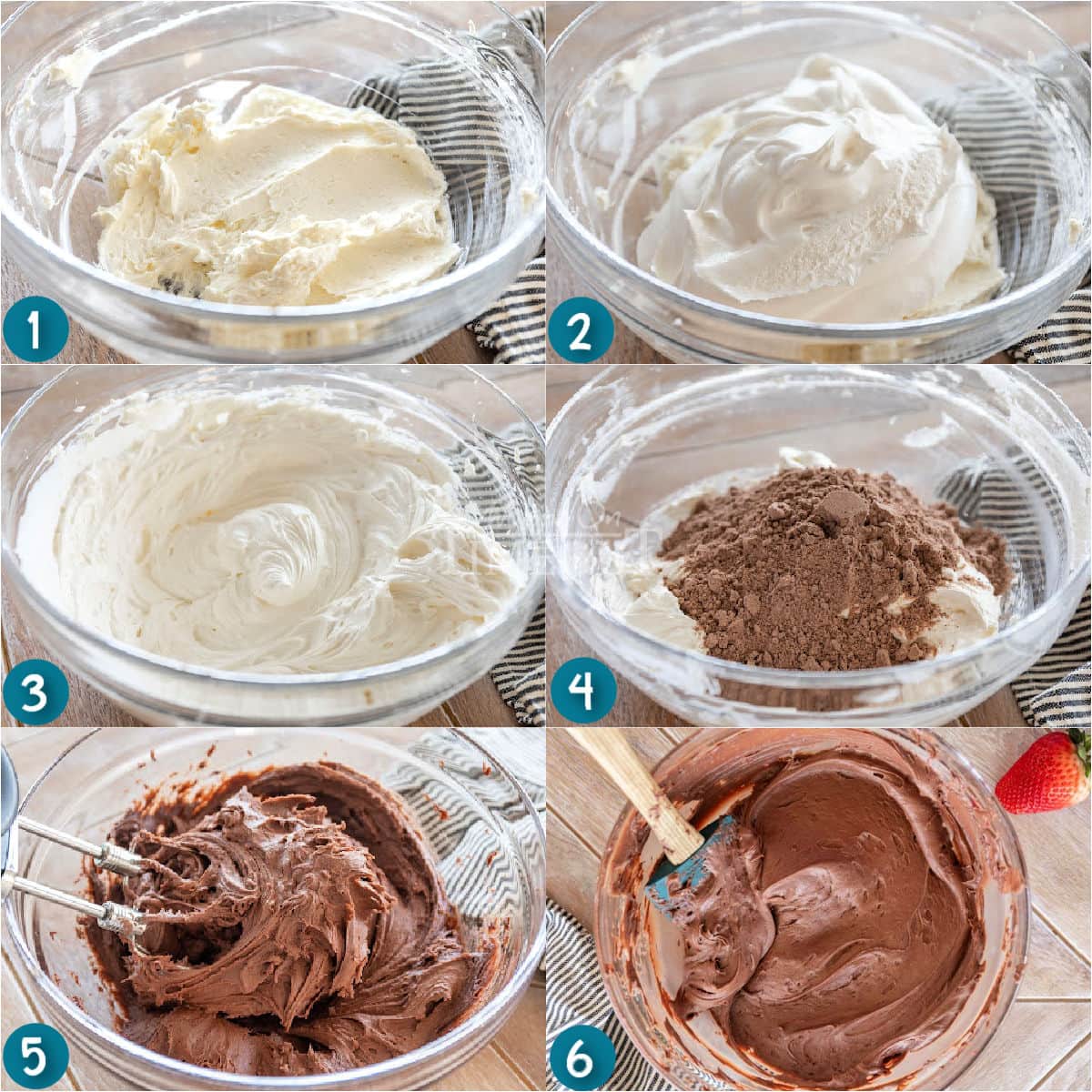 six image collage showing how to make brownie batter dip step by step.