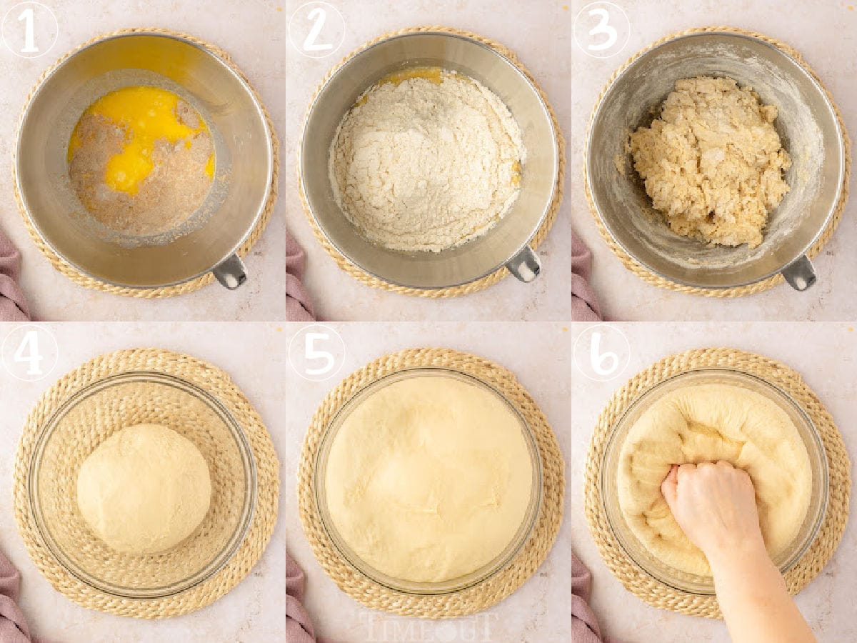 six image collage showing how to make the cinnamon roll cake dough.
