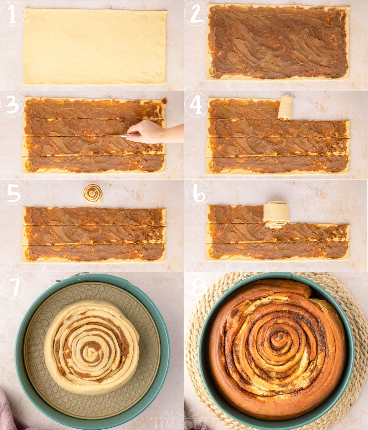 eight image collage showing how to assemble the cinnamon roll cake step by step.
