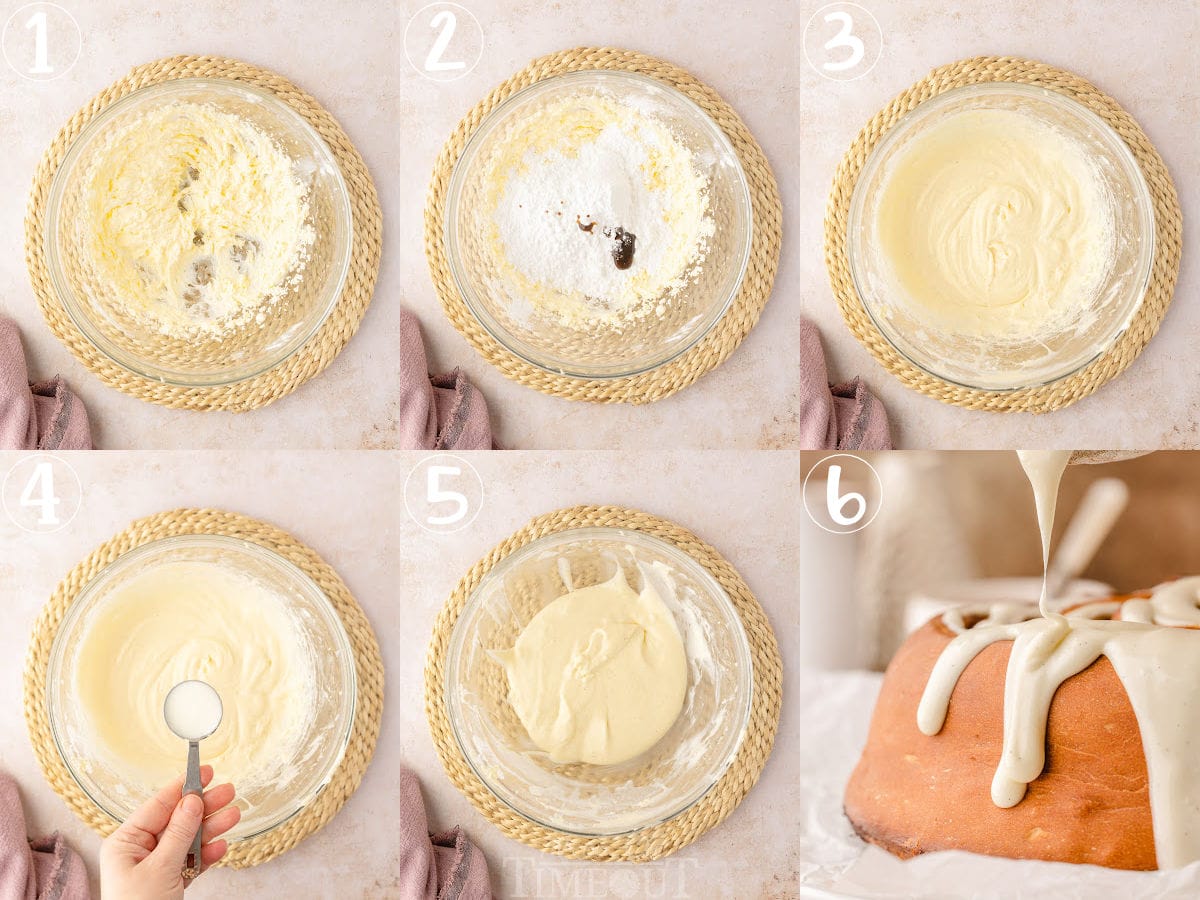 six image collage showing how to make the cream cheese glaze and apply it to the cinnamon roll cake.