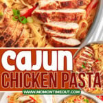 three image collages showing cajun chicken pasta in a skillet with linguini pasta and a cream sauce. Recipe is shown in skillet and on a white platter. Center color block with text overlay.