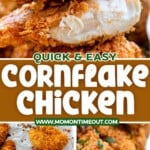 three image collage showing cornflake chicken cut in half, on a baking sheet and in whole pieces ready to eat. center color block with text overlay.