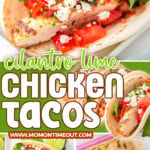three image collage of grilled chicken tacos topped with pico de gallo, queso fresca and cilantro. center color block with text overlay.