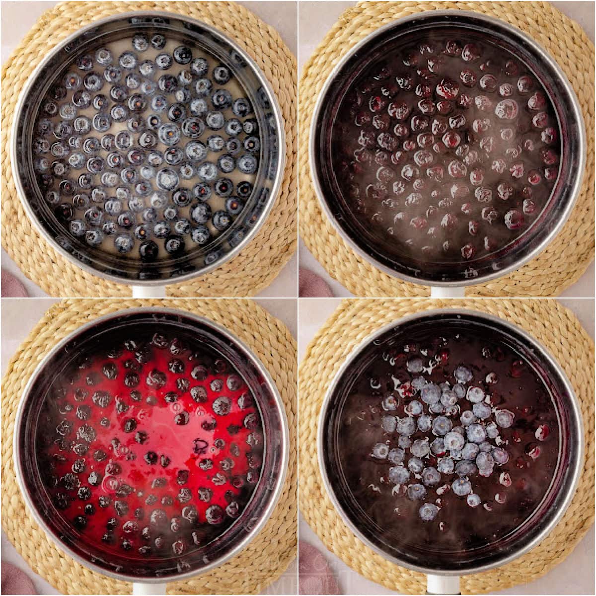four image collage showing how to make blueberry sauce step by step.