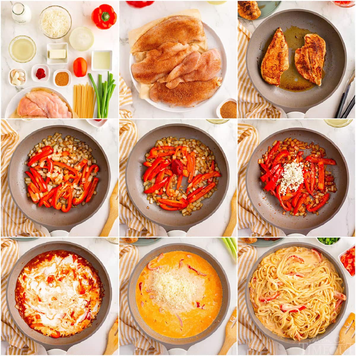 nine image collage showing how to make cajun chicken pasta step by step.
