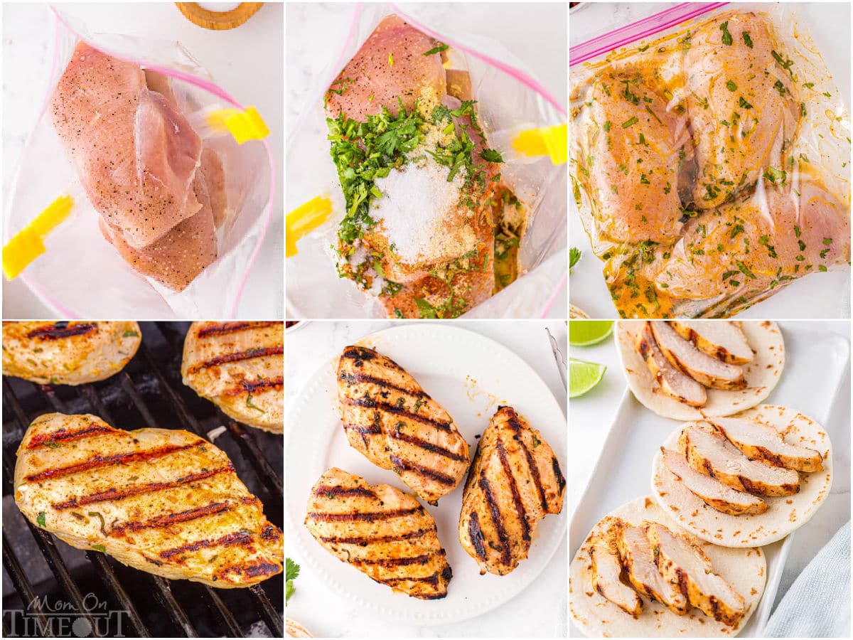 six image collage showing how to make cilantro lime chicken tacos including marinating the chicken. 