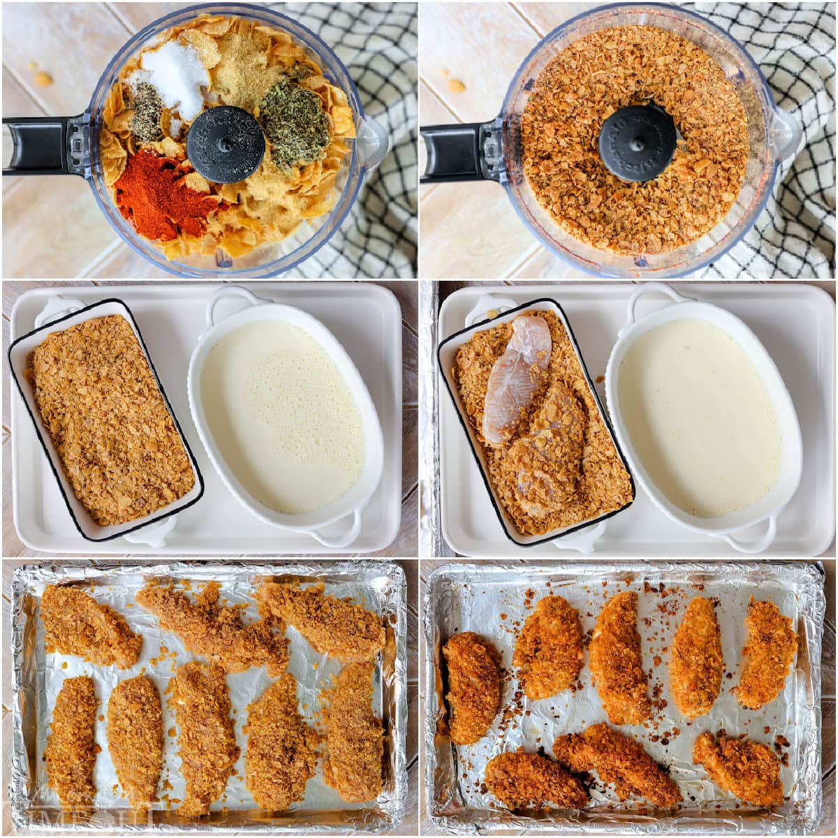 six image collage showing how to make cornflake chicken step by step.