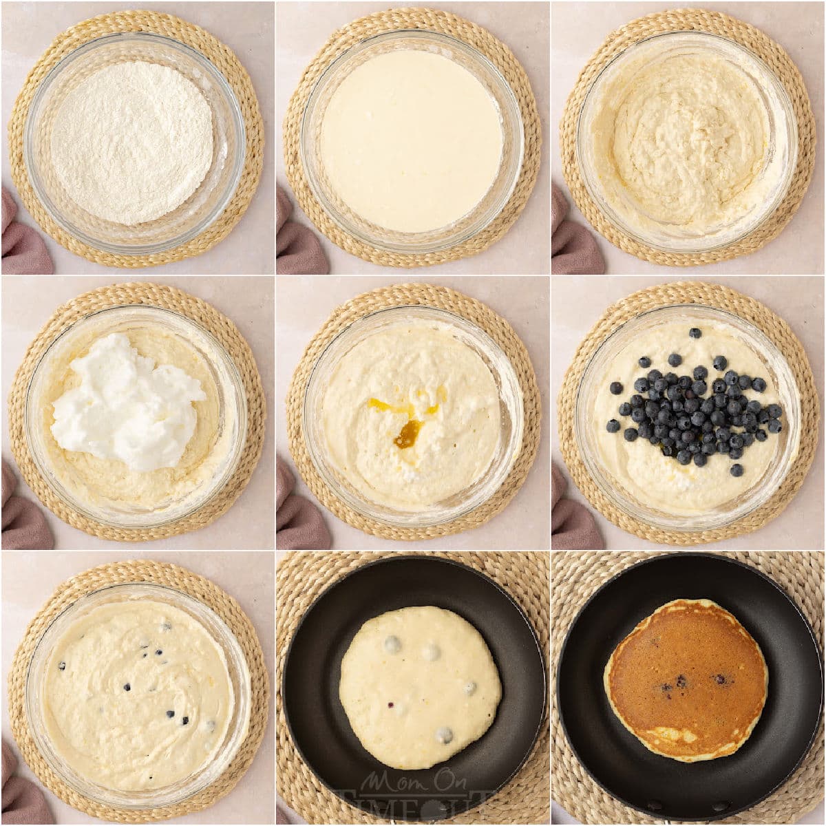 nine image collage showing how to make lemon ricotta pancakes step by step.