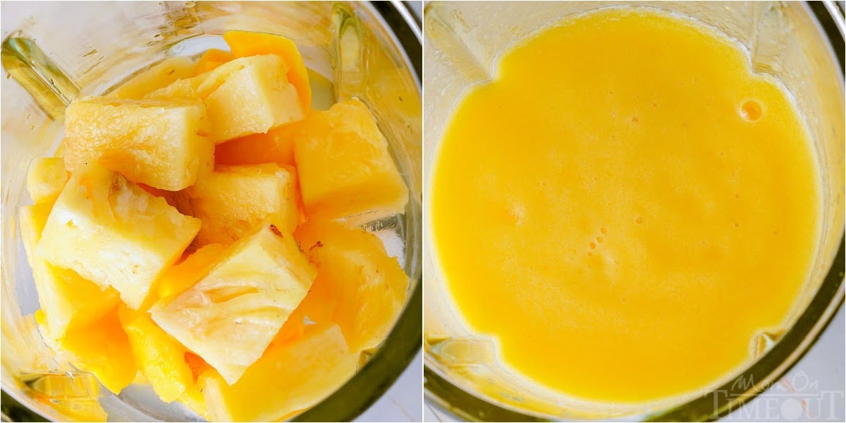 two image collage showing how to make pineapple mango mocktail step by step.
