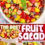Three image collage of fruit salad in a serving bowl, served on a small plate and a close up angle view. Center color block with text overlay.