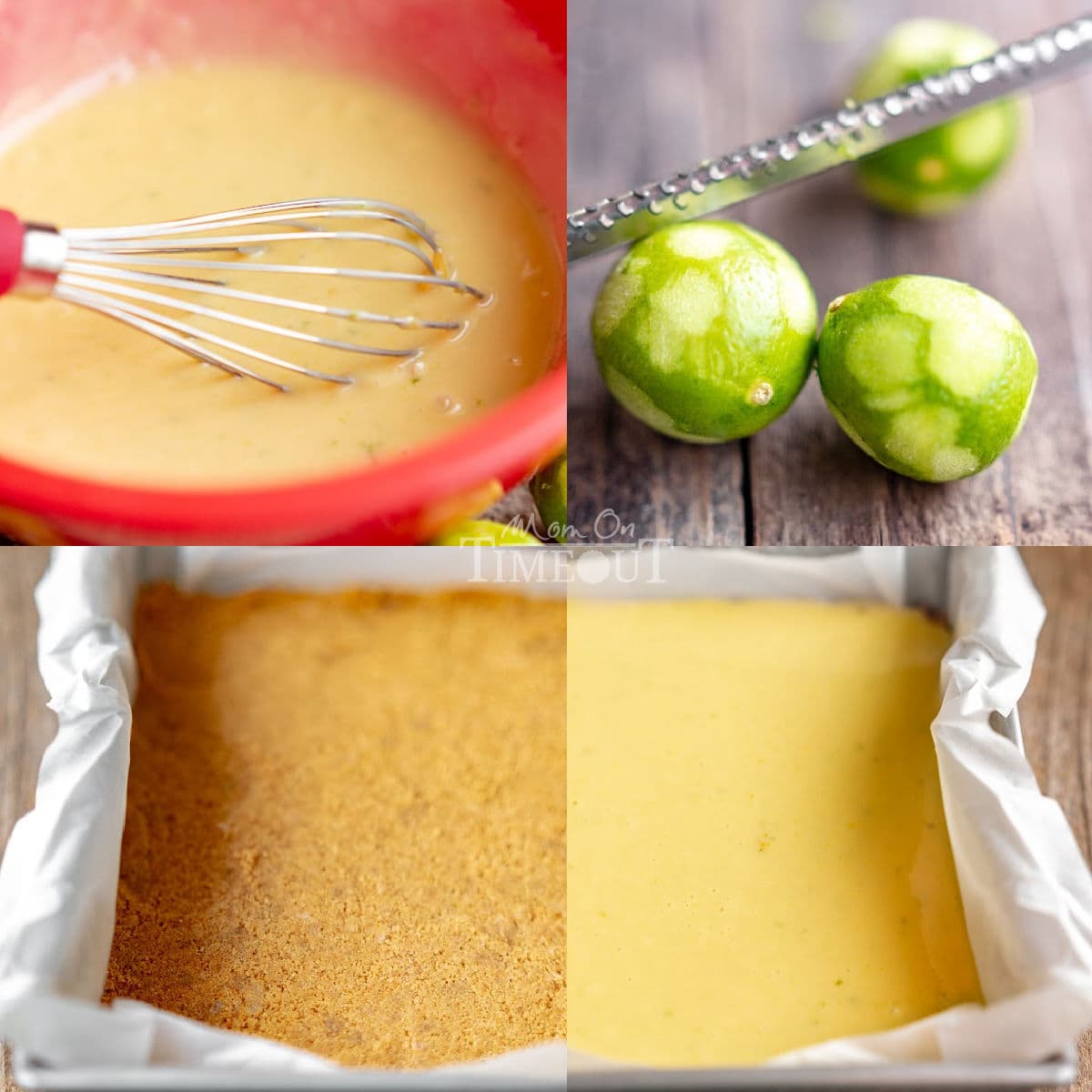 four image collage showing how to make key lime bars step by step. 