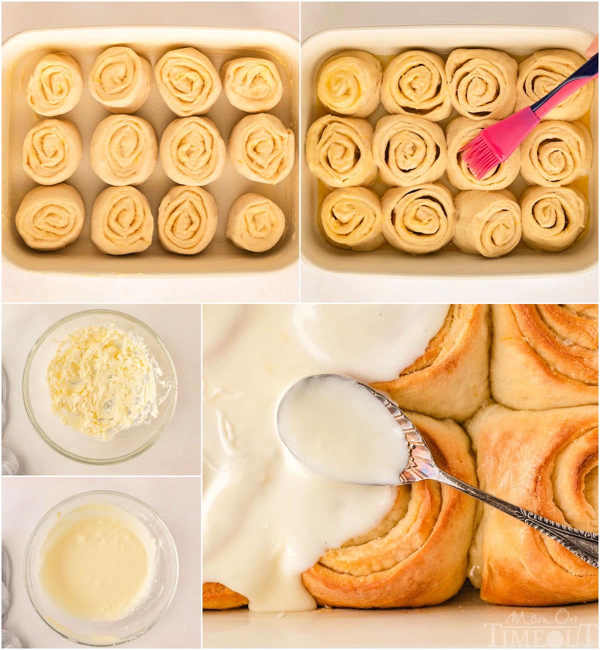 Collage process photos showing how to make lemon rolls.
