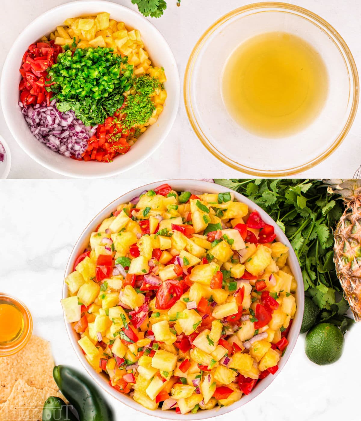 three image collage showing how to make pineapple mango salsa.