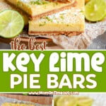 three image collage showing key lime pie bars stacked on a wood cake stand, cut into squares and one bar on a plate with a bite taken. Center color block with text overlay.