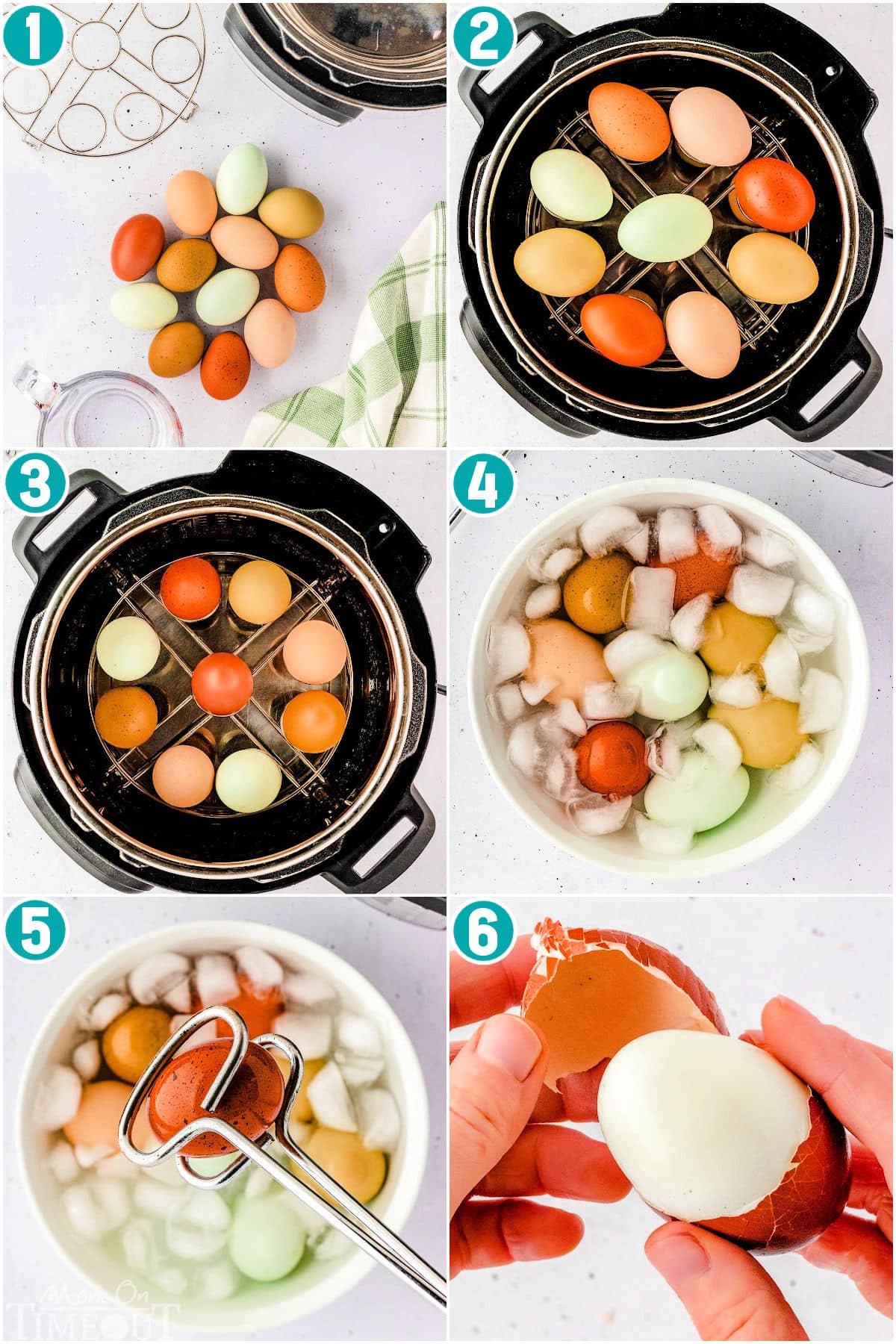 A collage of process shots for making Instant Pot hard boiled eggs.