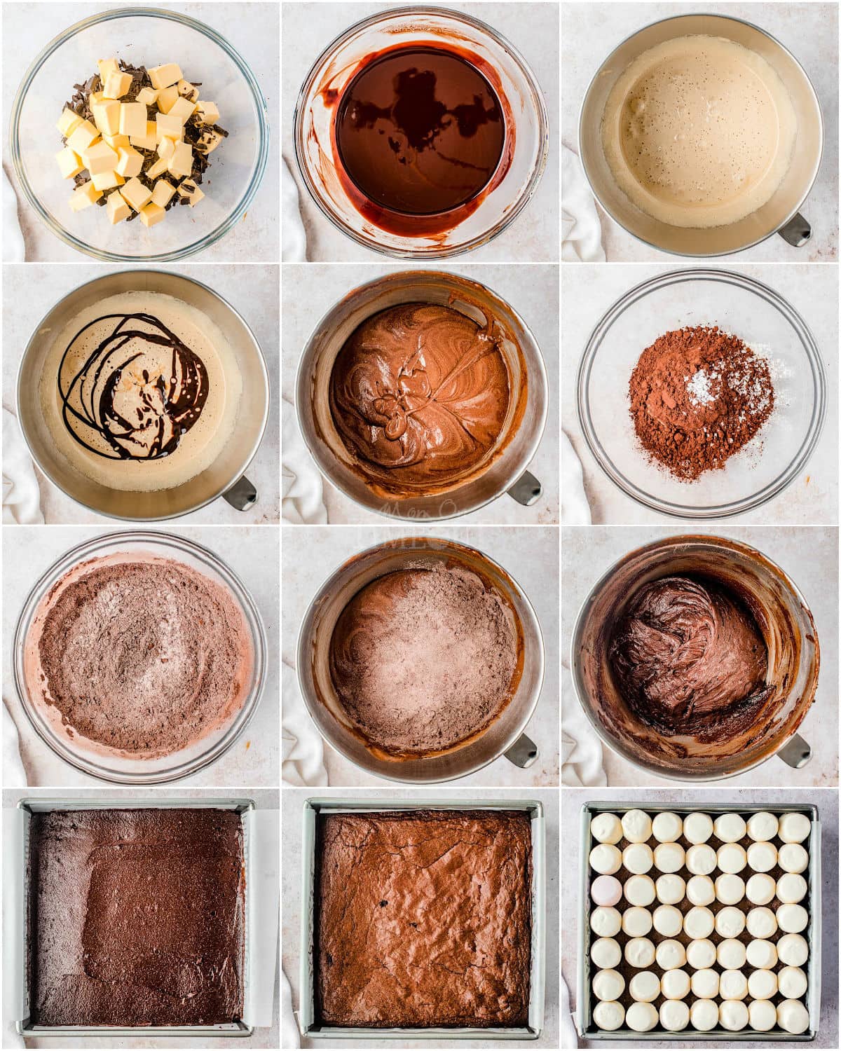 Twelve image collage showing how to make smores brownies step by step.