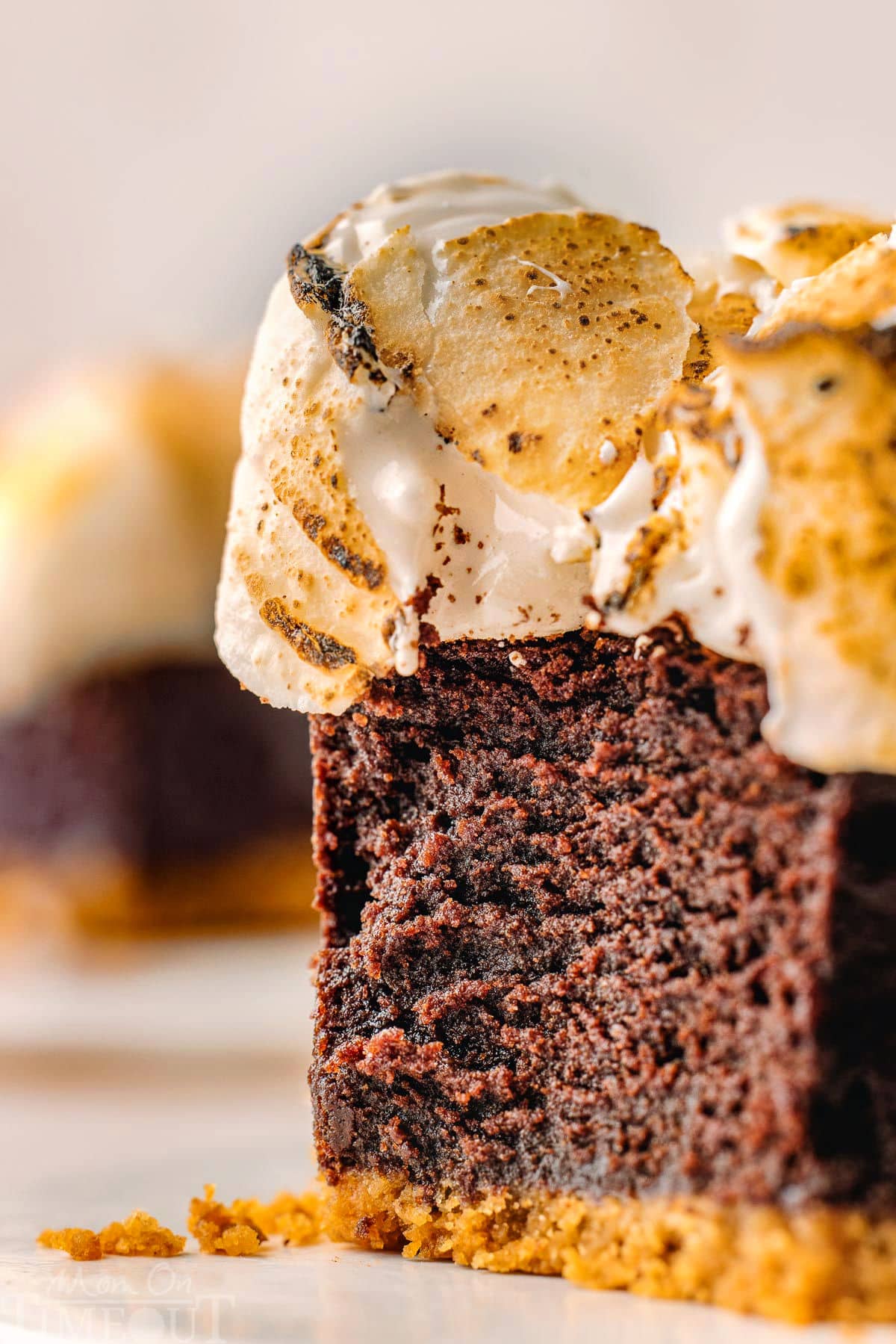 Cross sectional shot of a s'mores brownie with a bite taken out of it. The image showcases the toasted marshmallow topping, rich fudgy brownie and graham cracker crust on these brownies.