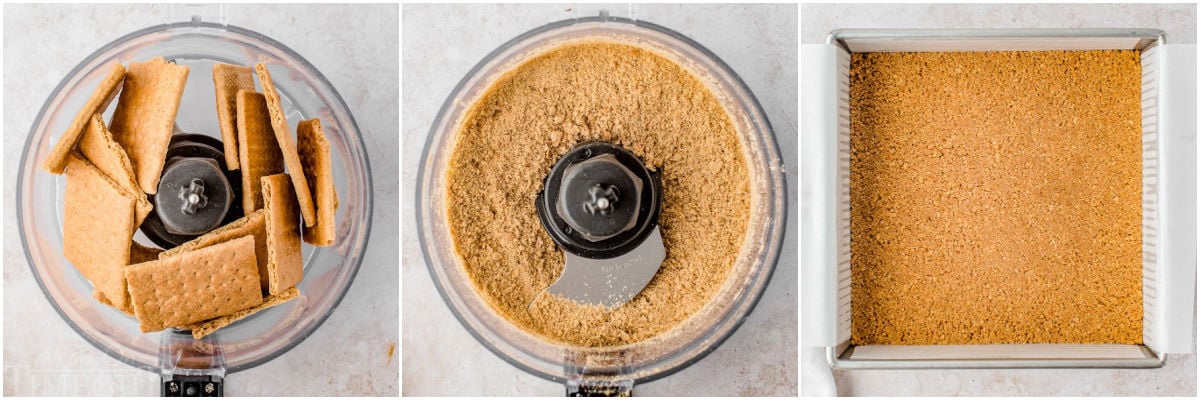 three image collage showing how to make graham cracker crust for smores brownies.