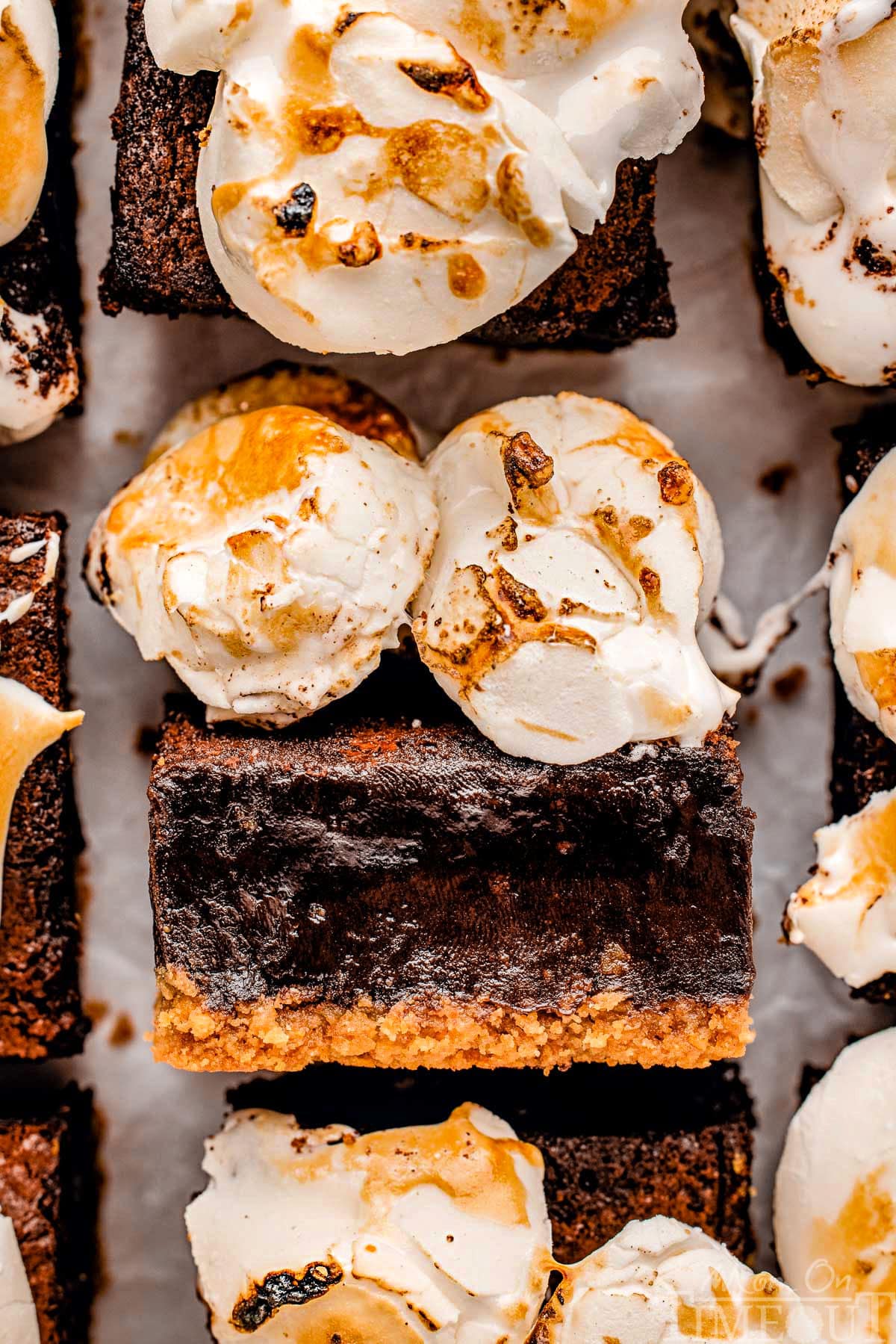 Top down shot of brownies on a pan with the center brownie turned on it's side so you can see the fudgy brownie and toasted marshmallows.