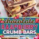 Three image collage of Chocolate Raspberry Crumb Bars stacked on marble board, in baking dish and one with a bite out of it. Center color block with text overlay.
