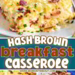 three image collage of hash brown breakfast casserole in the casserole dish, on a white round plate and being made. Center color block with text overlay.